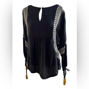 Sweet Magnolia Embroidered Beaded Black Blouse